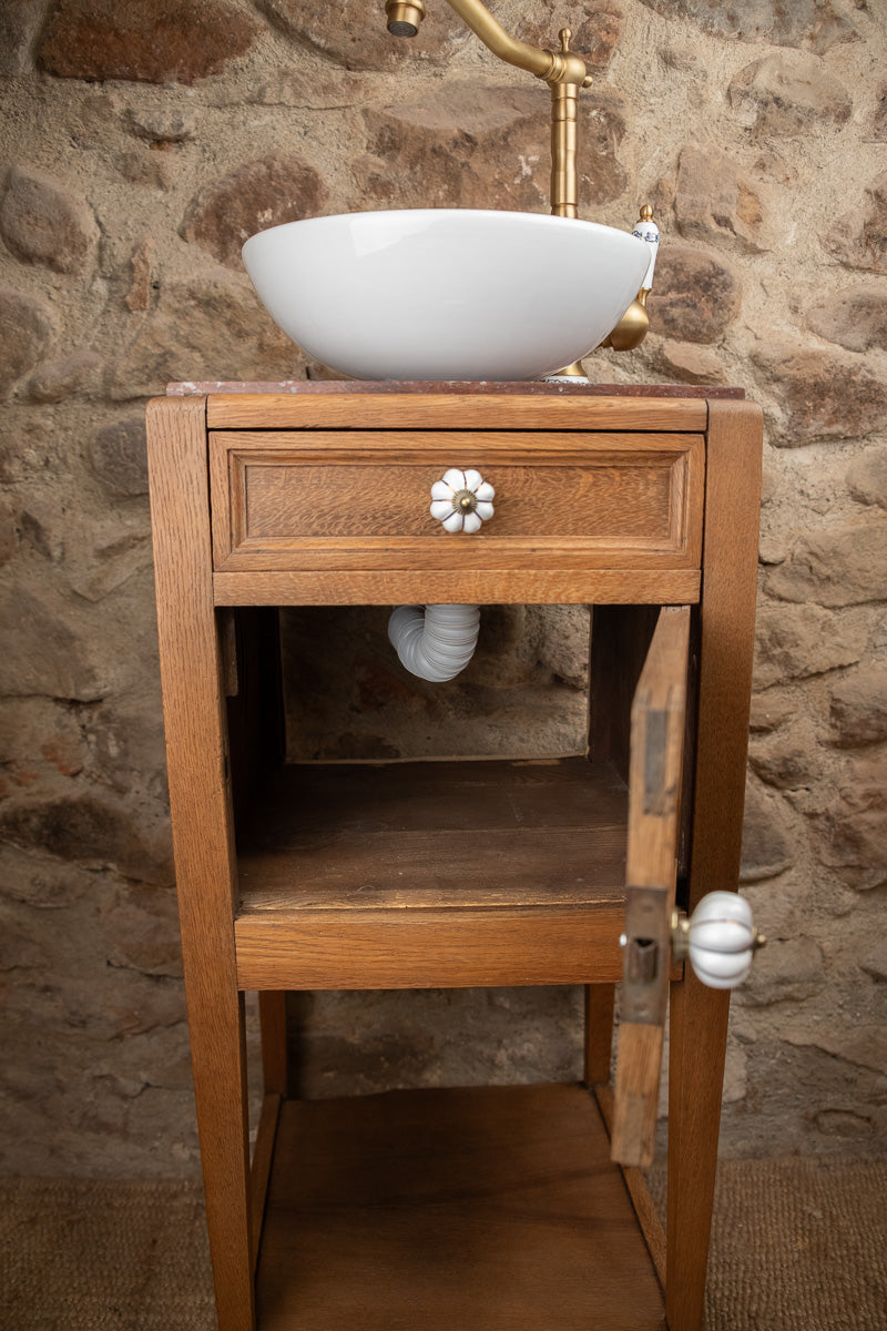 Meuble vasque ancien en bois et marbre rouge (Style Art Déco)