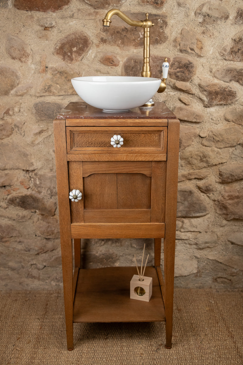 Meuble vasque ancien en bois et marbre rouge (Style Art Déco)