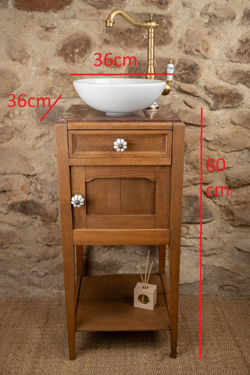 Meuble vasque ancien en bois et marbre rouge (Style Art Déco)