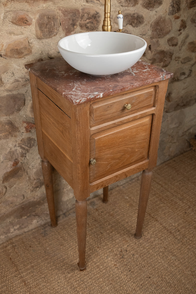 Petit lave-mains ancien en bois et marbre rouge