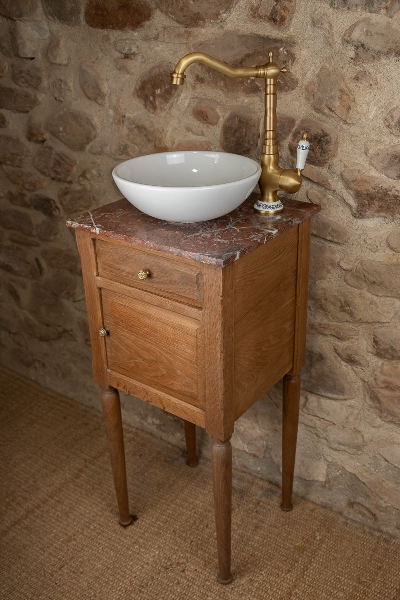 Petit lave-mains ancien en bois et marbre rouge