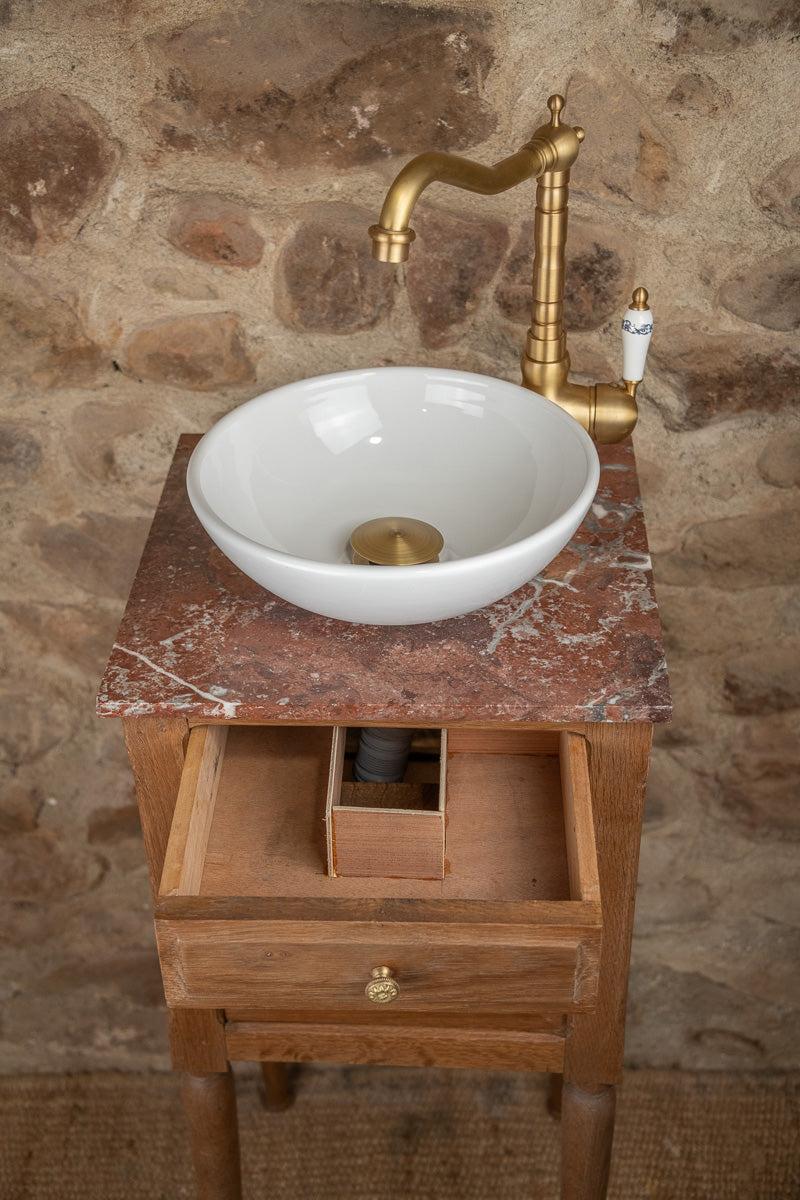Petit lave-mains ancien en bois et marbre rouge
