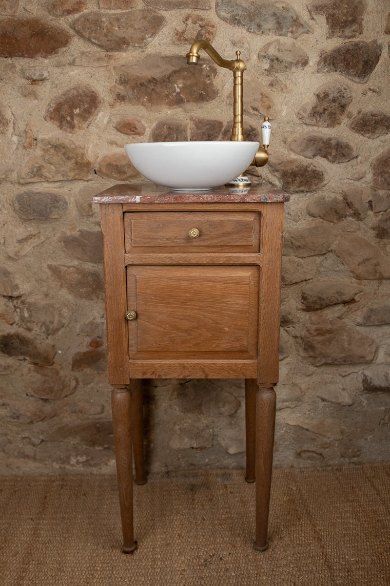 Petit lave-mains ancien en bois et marbre rouge