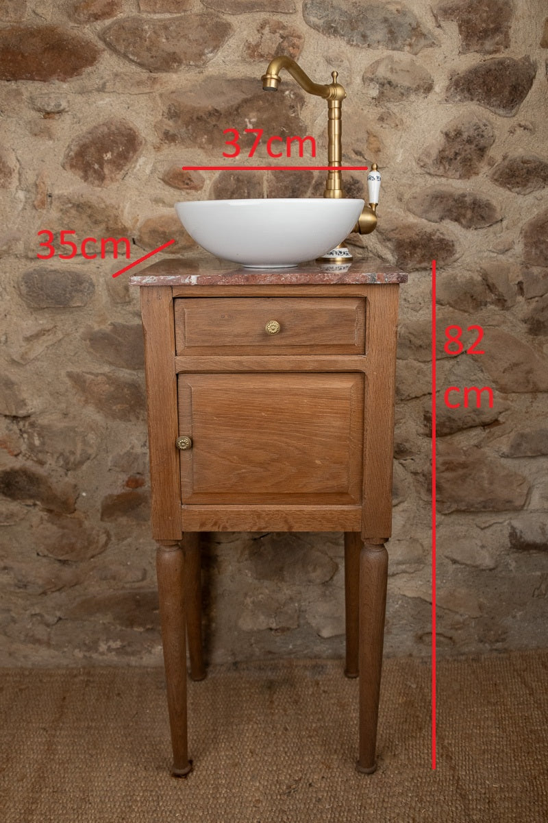 Petit lave-mains ancien en bois et marbre rouge