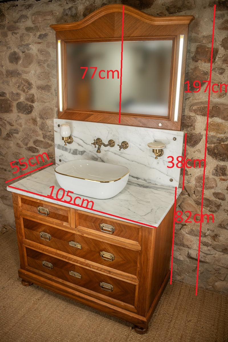 Meuble sous vasque ancien de 1928 en bois et marbre avec miroir éclairant