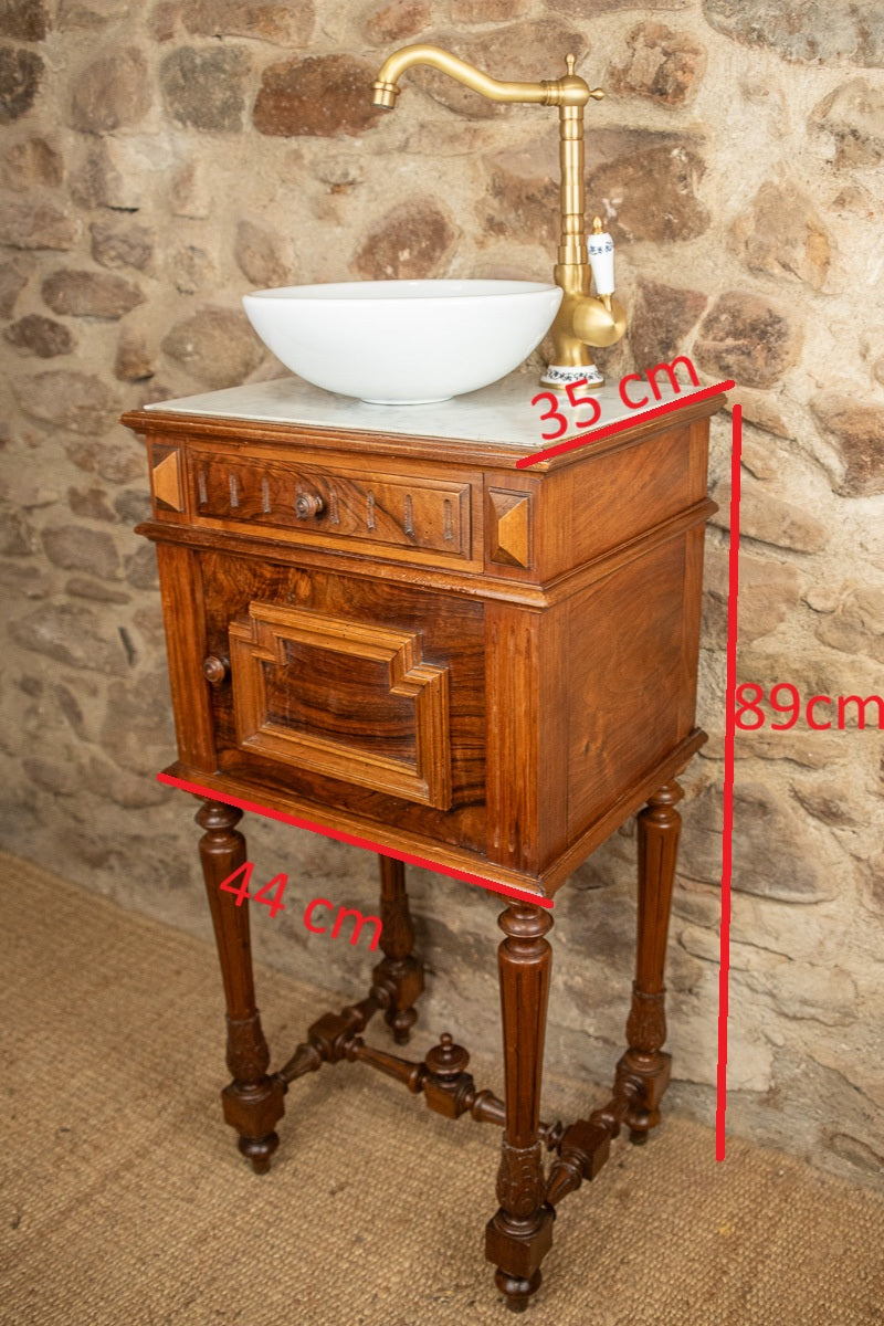 Meuble vasque - lave main ancien en bois et marbre
